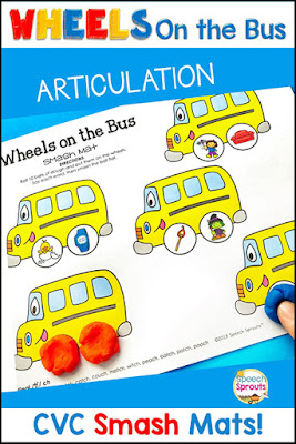 Wheels on the Bus is just one of the fabulous fall songs and fingerplays for preschool speech therapy in this post. Lisette shares links to the best Youtube videos to teach them, speech and language targets and more autumn speech and language activities like this bus-themed speech activities pack. #speechsprouts #fingerplays #speechandlanguage #preschool #fallpreschoolactivities #spidertheme #wheelsonthebus #nurseryrhymes #backtoschool #bustheme #articulation