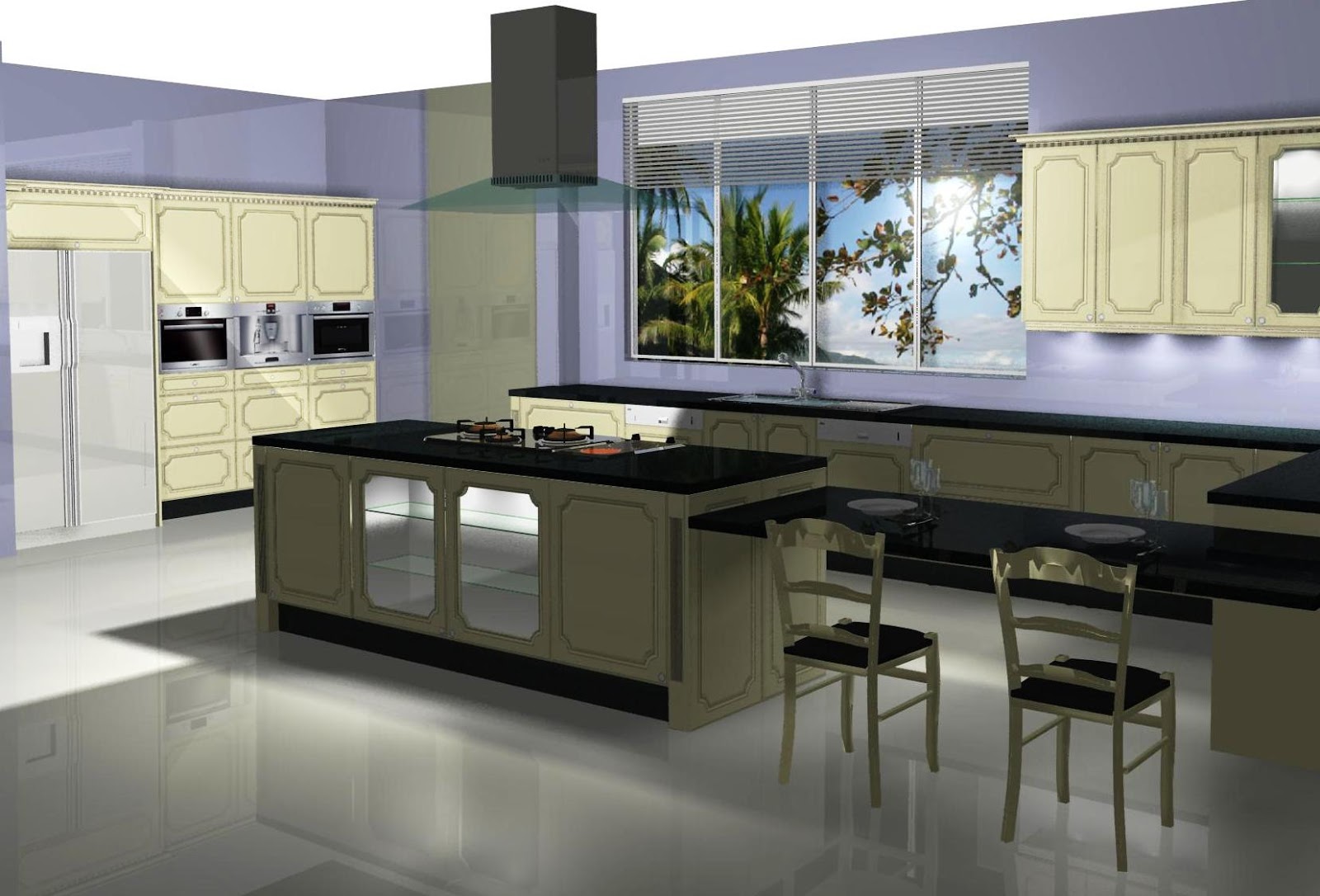 Diseño de cocina en madera de roble. Blanco velado y con mesa seguido a