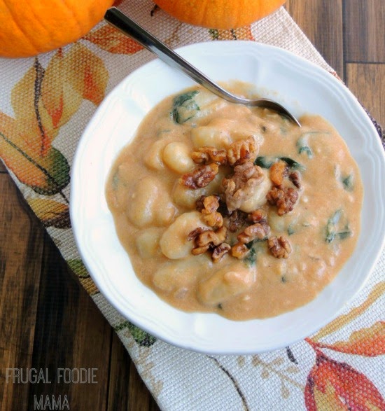 Creamy Pumpkin Gnocchi Soup with Spiced Walnuts | Frugal Foodie Mama