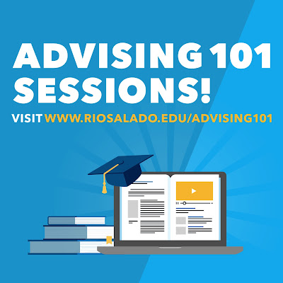 Advising 101 sessions! visit www.riosalado.edu/advising101 illustration of computer with graduation cap and books