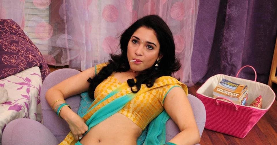 Tamannaah Bhatia Hot Sexy Navel In Yellow And Blue Saree With Lollipop 