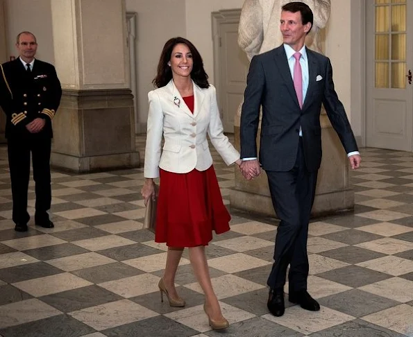 Crown Princess Mary wore Dolce & Gabbana Purple Long-sleeve Floral-lace Scalloped Sheath Dress. Gianvito Rossi Pumps, Prada Clutch, Prada bag, Joseph Oslo Coat, LK Bennett