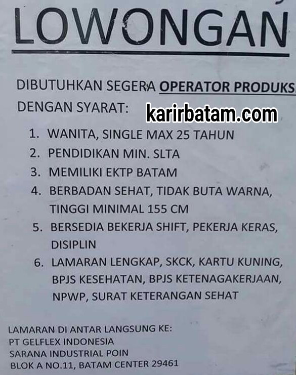 Lowongan Kerja PT Gelflex Indonesia Lowongan Kerja Batam