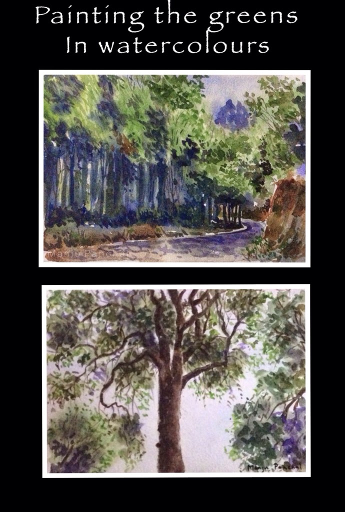 Water colour painting of forest, tree done using camel artists quality water colour tubes. By Manju Panchal