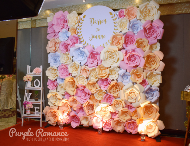 giant paper flower photo booth backdrop malaysia, pastel colours, white ladder, LOVE, tie the knot, wedding decoration, decorator, event styling, stage, instant print service, reception table, custom made, design, handmade, hand crafted, photo table, love corner, venue, annual dinner setup, dismantle