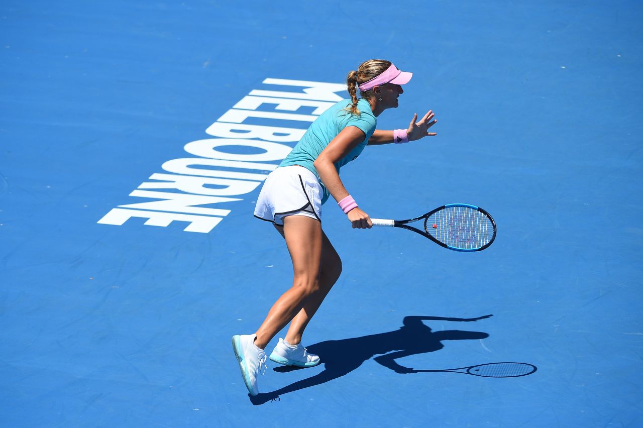 Kristina Mladenovic in Blue Dress while Practicing in Melbourne Hollywood Tollywood