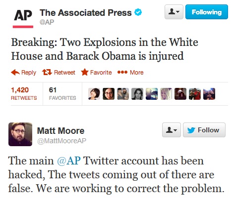 Hacked Twitter account of The Associated Press posted bogus report of attack at White House