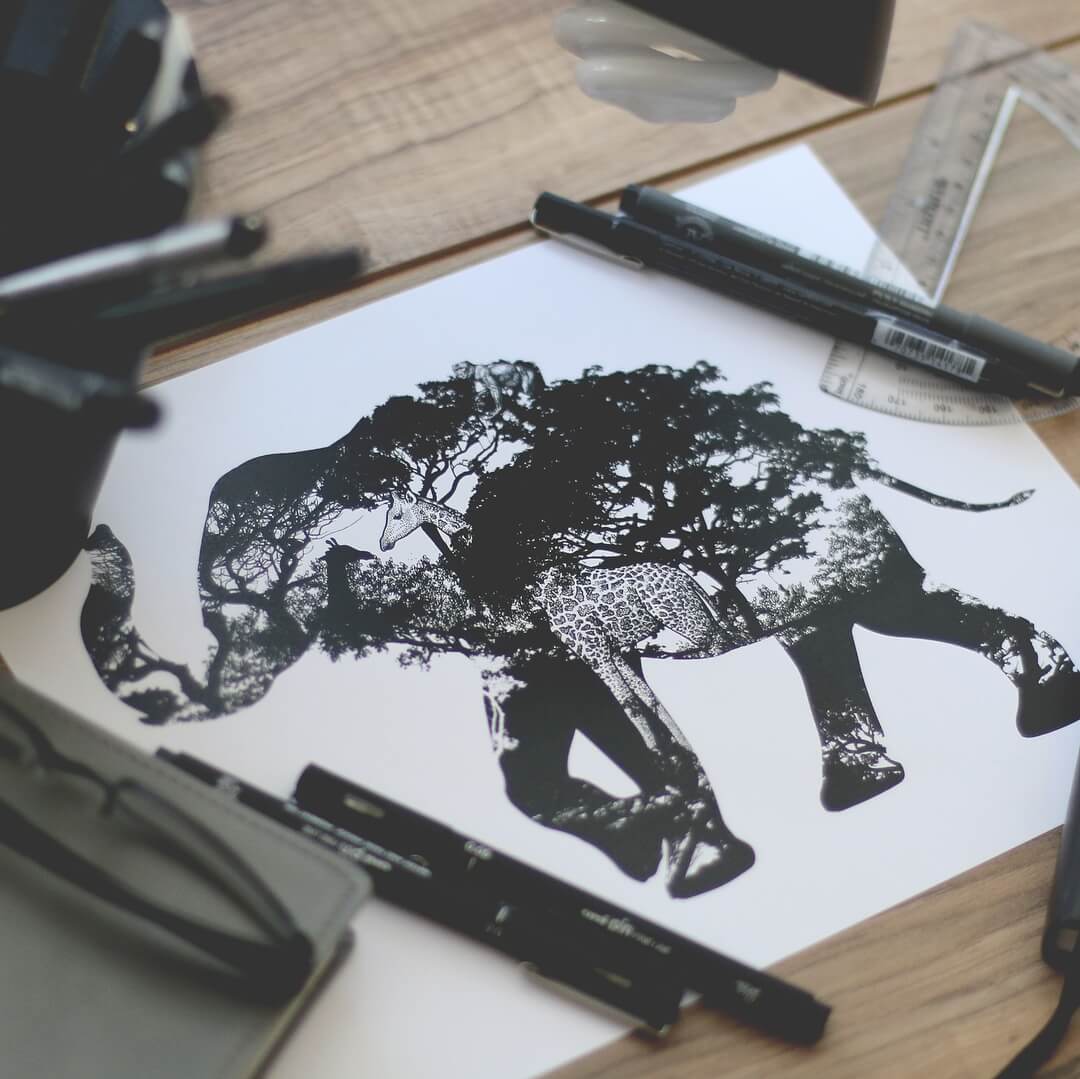 02-Elephant-and-the-Giraffe-Joseph-Catimbang-Black-and-white-Ink-Graphic-Design-Art-www-designstack-co