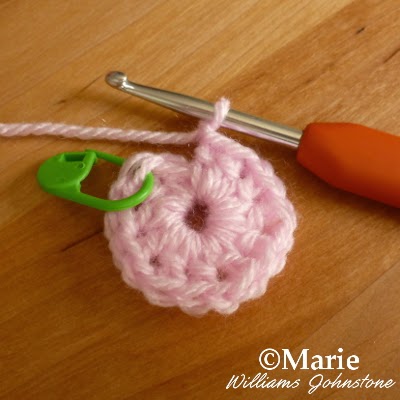 Pink circular round of yarn with hook and stitch marker