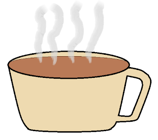 drawing of steaming coffee in a tan colored mug