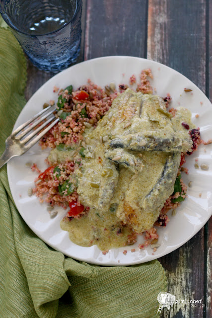 Tilapia and Sardines in Creamy Asparagus Sauce over Confetti Couscous