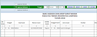 Menu Cetak Laporan Aplikasi Excel Agenda dan Arsip Surat versi 2