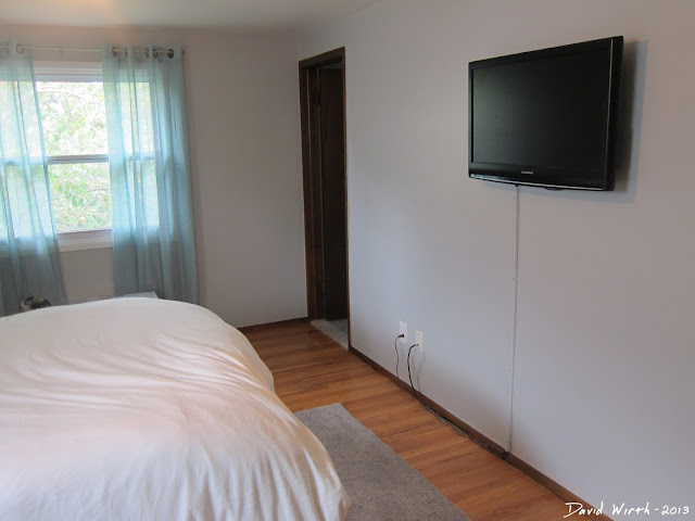 repainted bedroom, bed bath beyond curtains, tv wall mount