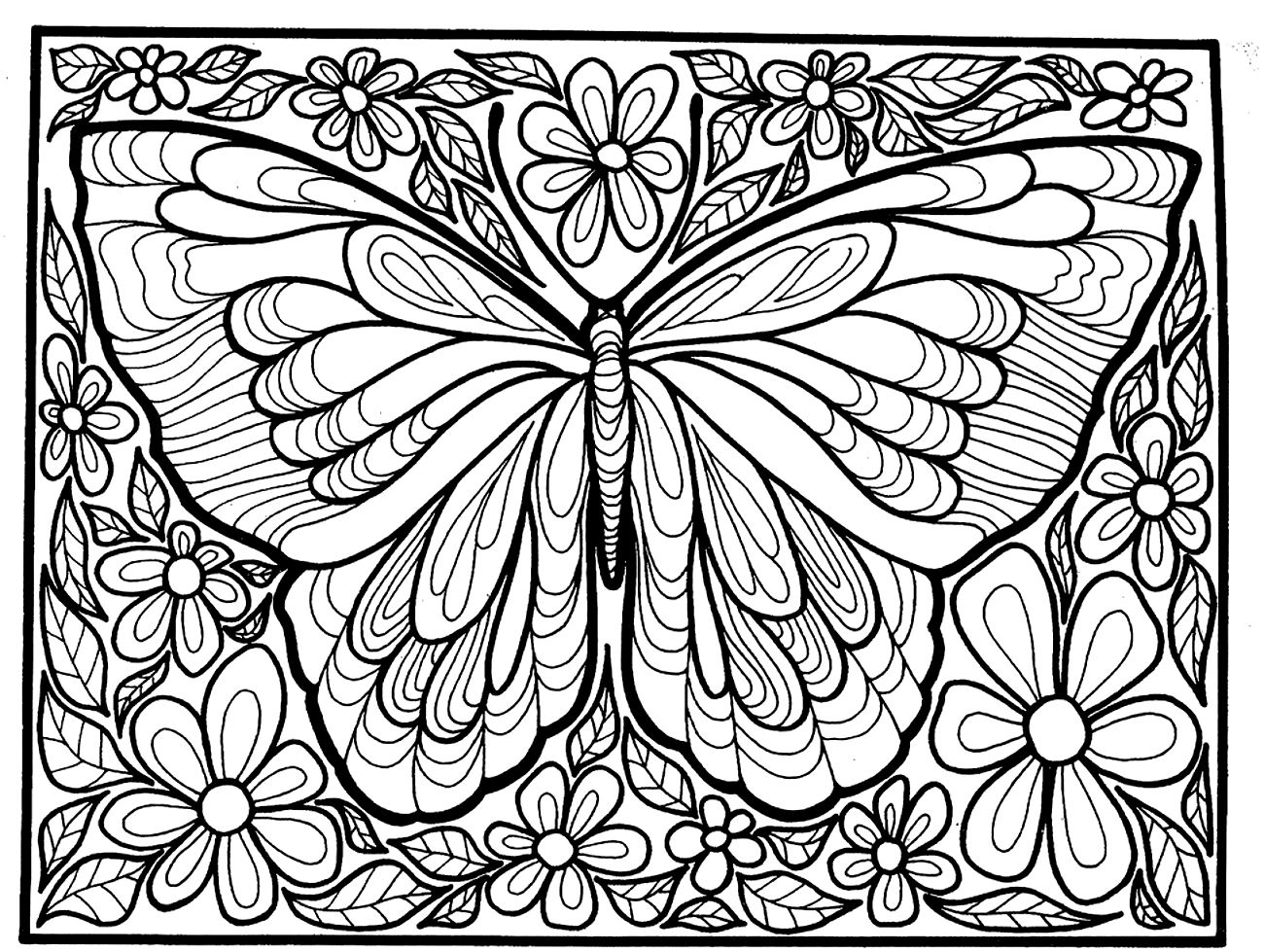 Tranh tô màu con bướm họa trang trí và hoa xung quanh