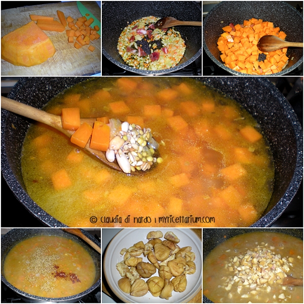 Zuppa di cereali e legumi con zucca, castagne e tartufo