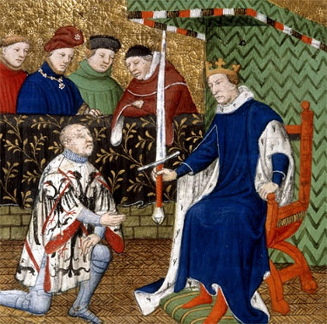 Бертран Дю Геклен принимает из рук короля меч коннетабля Франции в 1370 году. Дю Геклену на тот момент исполнилось 50 лет. Средневековая миниатюра
