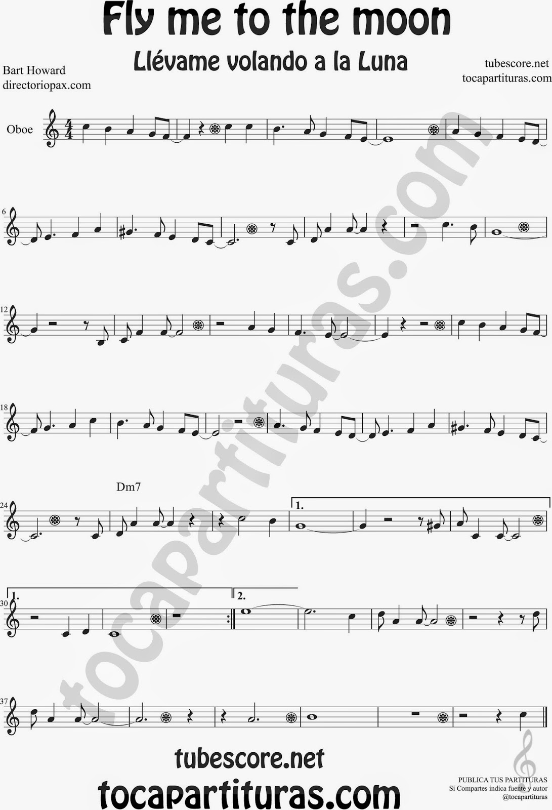 Fly me to the Moon Partitura de Oboe Sheet Music for Oboe Music Score