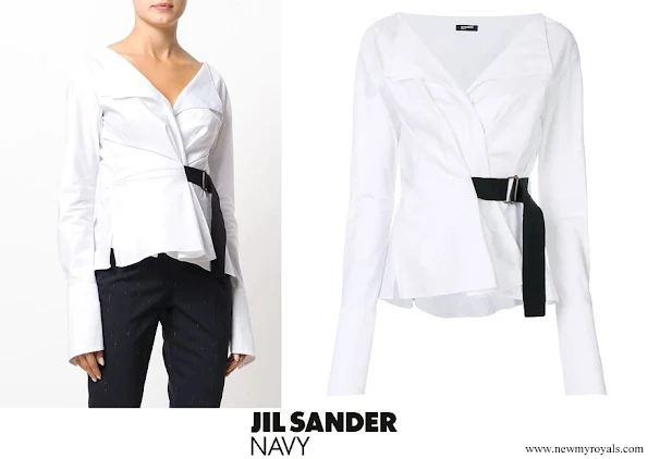 Queen Rania wore Jil Sander Navy belted blouse
