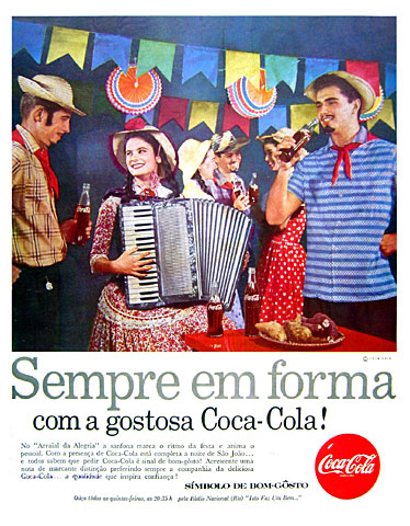 Propaganda dos anos 50 em que a Coca-Cola dizia que era boa para manter a boa forma das pessoas.
