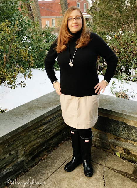 Aventura Skirt, Paired with a Black Cashmere Turtleneck and Hunter Wellies