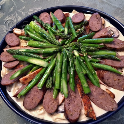 Fettuccine, Alfredo, Grilled Chicken, Sausage, Asparagus