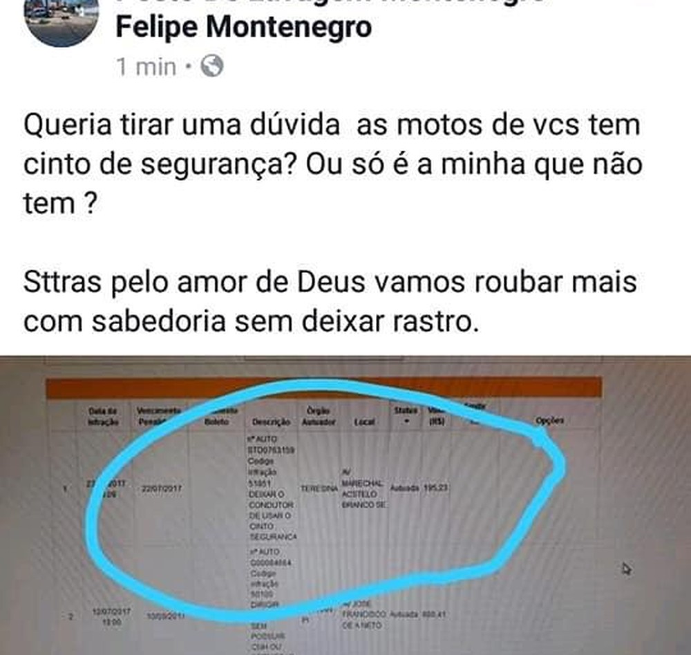 PI: Condutor de Teresina é multado por não utilizar cinto de segurança em moto 2 Condutor%2Bdenunciou%2Bproblema%2Bem%2Bsua%2Brede%2Bsocial%2B%25E2%2580%2594%2BFoto%2B%2BFelipe%2BMontenegro%2BArquivo%2BPessoal