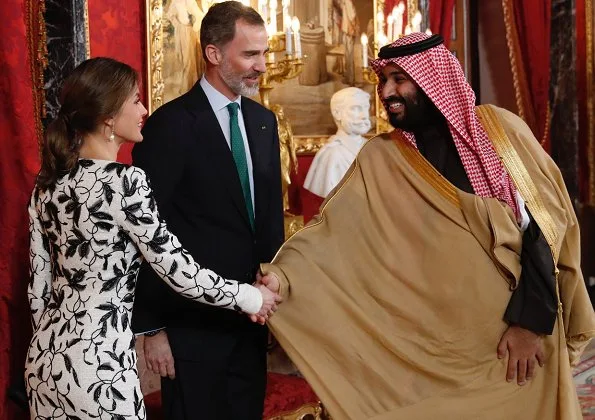 Crown Prince Muhammed bin Salman of Saudi Arabia in Spain. Queen Letizia wore Felipe Varela dress and wearing Tous Jewelry earrings, Magrit pumps