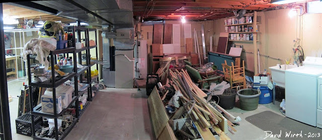 basement hoarders, junk, woodshop in basement, work, shelf