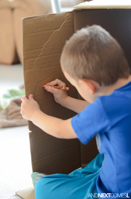 Drawing in a cardboard box - a perfect boredom buster process art idea for kids from And Next Comes L