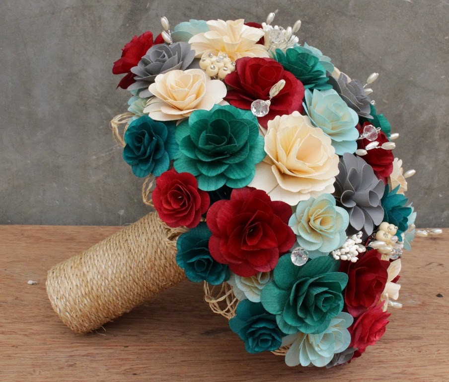 Maroon, Teal and Gray Wedding Bouquets Made of Wooden Flowers Reduce