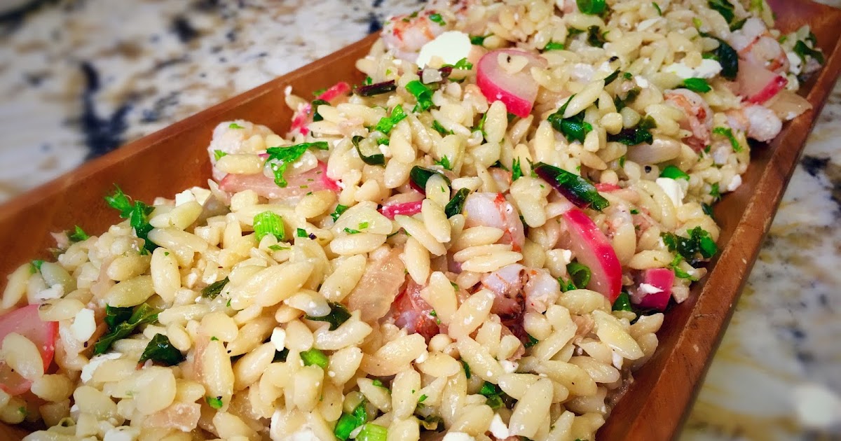 Shrimp and orzo with white winebutter sauce