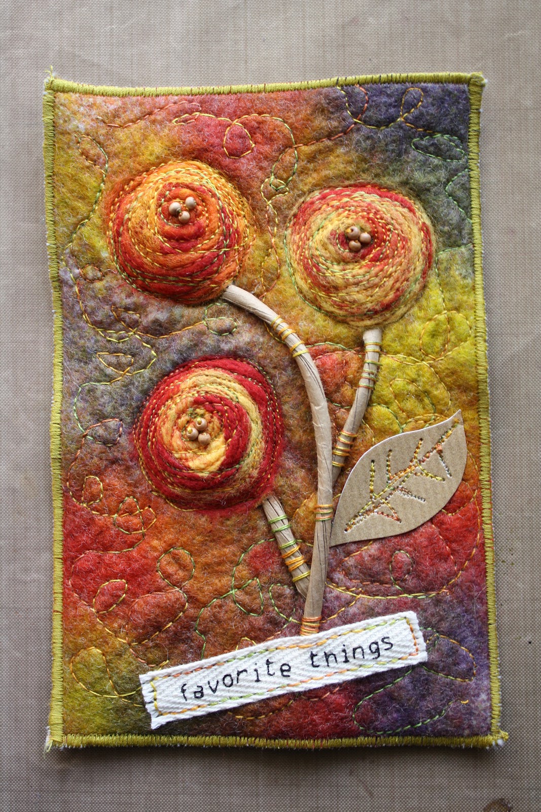 artfully distressed: Stitched postcard #1 - felted flowers