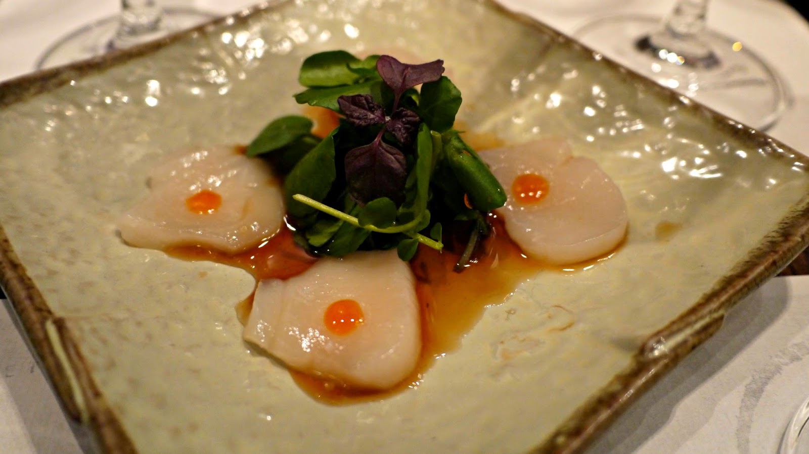 Chisou Alaskan dive caught scallop carpaccio, dressed with yuzukosho and ponzo sauce