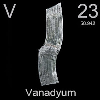Vanadyum elementi üzerinde vanadyumun simgesi, atom numarası ve atom ağırlığı.