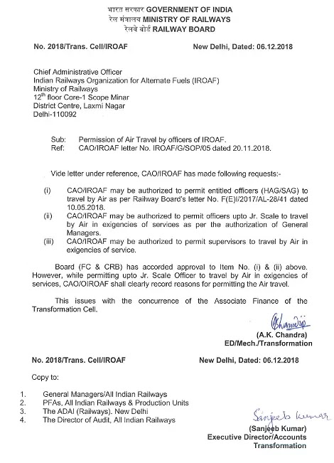 Air Travel by Officers of IROAF – Railway Board Permission reg. Air Travel by Officers of IROAF – Railway Board Permission reg.