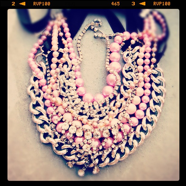 layered necklaces, statement necklace, pink pearls and rhinestones