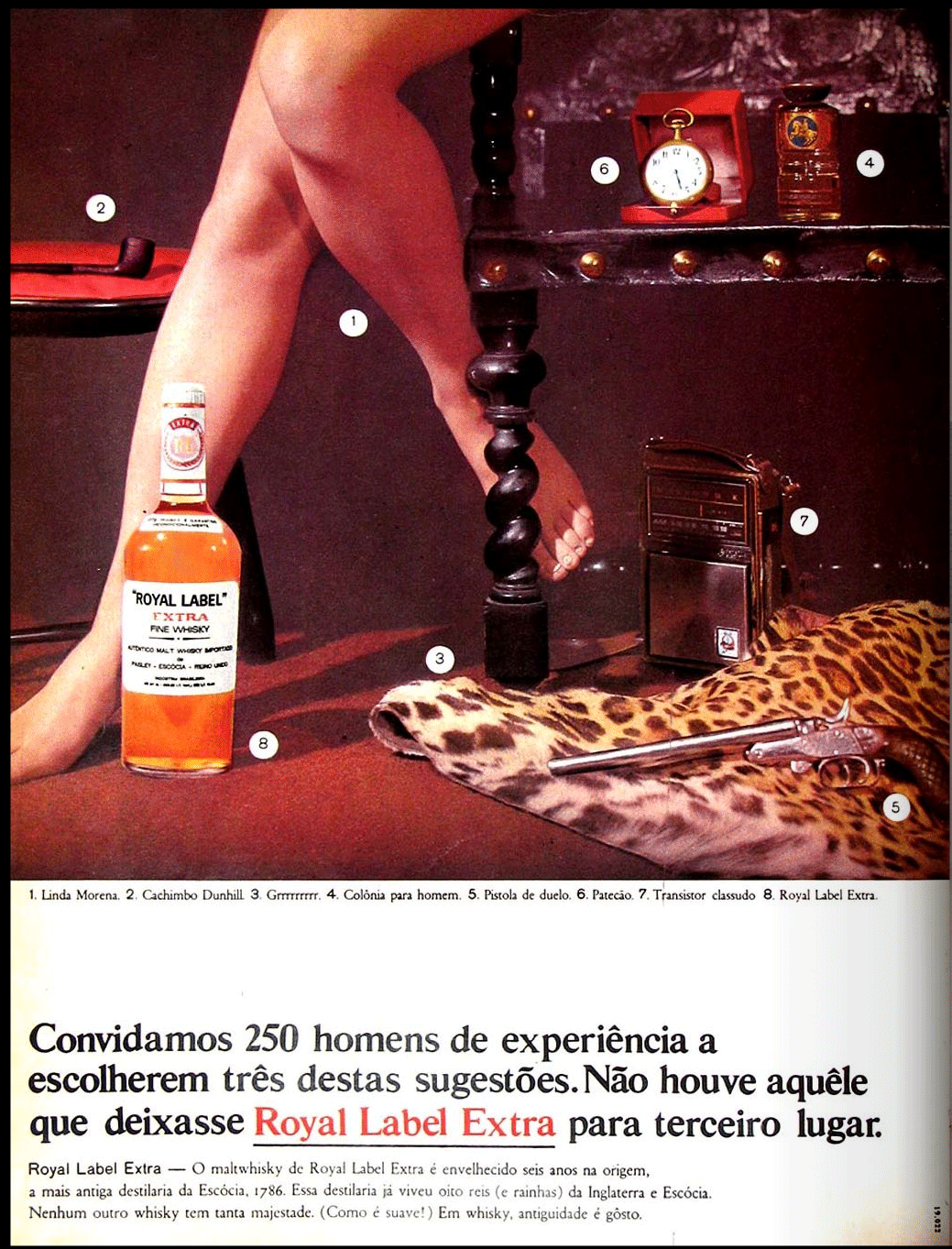 Propaganda do uísque Royal Label Extra de 1968: preconceito à mulher tratada como objeto.