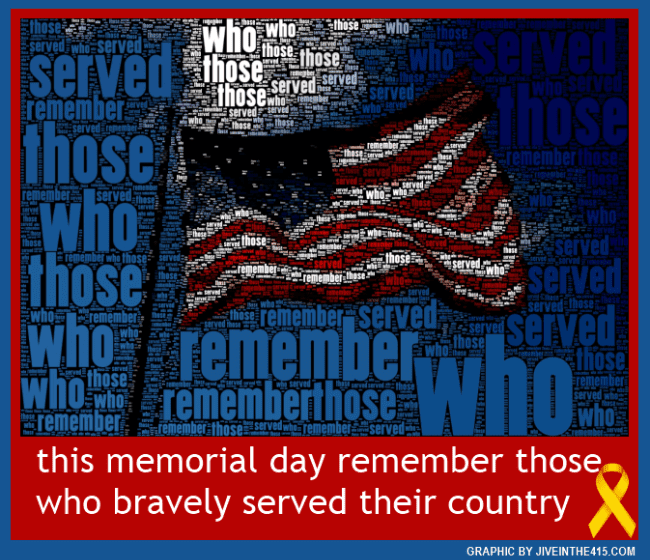 Memorial Day - American flag superimposed with the words remember those who served. By jiveinthe415.com