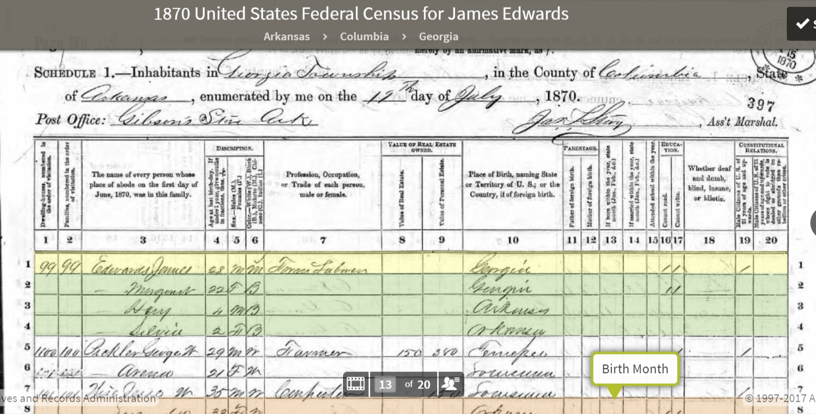 the earliest record found for james archer edwards sr was the 1870 u s census for georgia township columbia county arkansas it indicates that 28 year the earliest record found for james archer edwards sr was the 1870 u s census for georgia township columbia county arkansas it indicates that 28 year