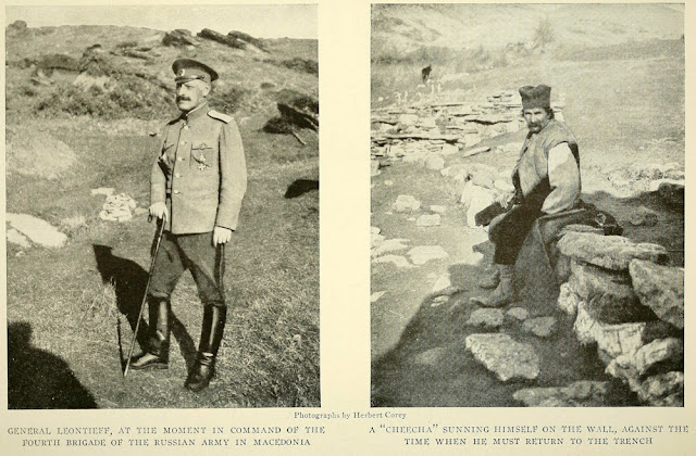 General Leontief, at that moment (1917) in command of the Forth Brigade of the Russian Army in Macedonia. Right - A "Cheecha" sunning himself on the wall, against the time when he must return to the trench