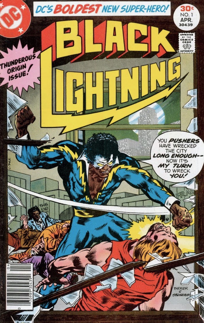 In this issue: Drama! Heartbreak! Defenestration! Black Lightning knocking a man through a window as others lie unconscious on floor of room behind them.