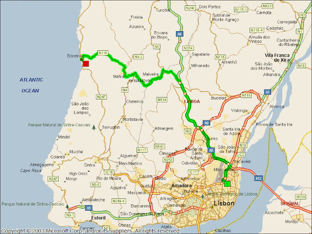 Mapa do trajeto aeroporto de Lisboa - Ericeira