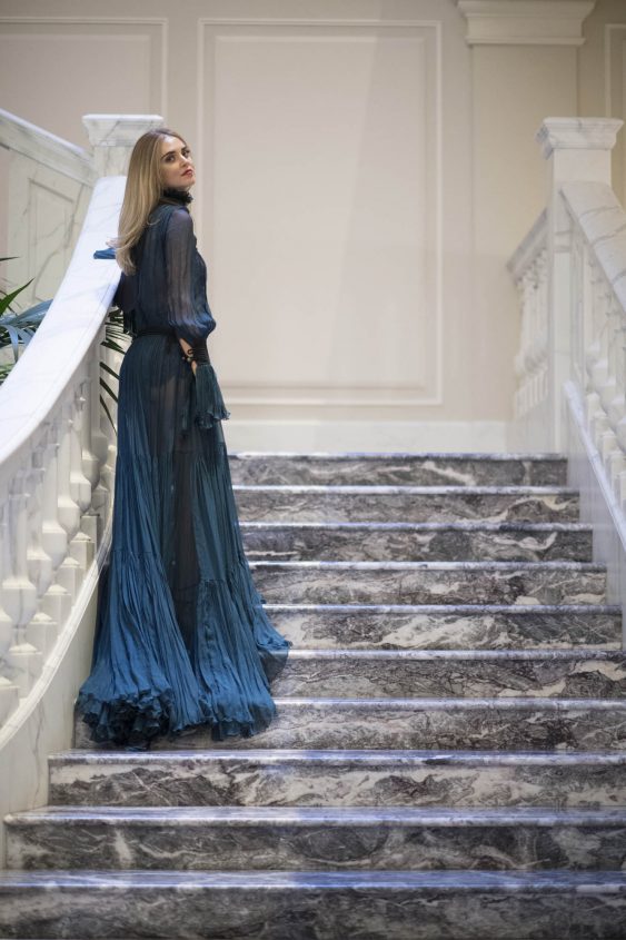 turquoise sea gown by roberto cavalli | blogger style chiara ferragni