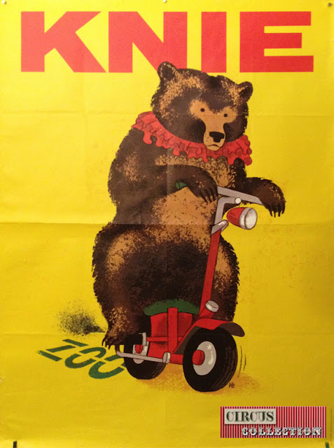 affiche pour le zoo du Cirque Knie avec un ours sur une moto