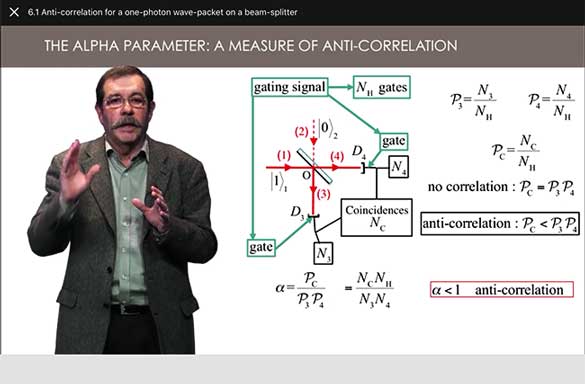 Screenshot from Quantum Optics course demonstrating single photon anti-correlation (Source: www.edX.org) 