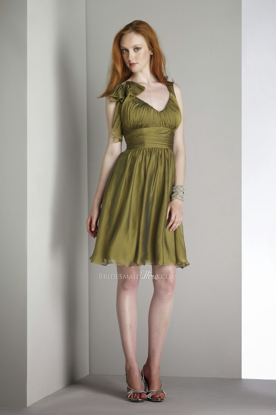 Shirred V-neck Olive Cocktail Bridesmaid Dress with Jeweled Centered Bow-1