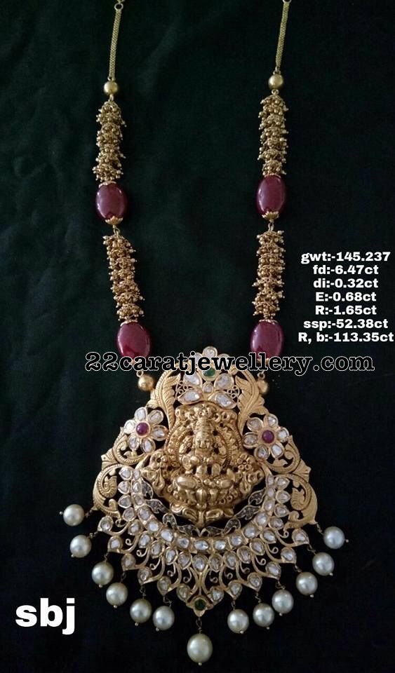 145 Grams Gold Swirls Chain Laxmi Pendant Jewellery Designs