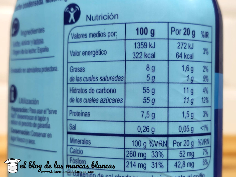 Ingredientes y valores nutricionales de la leche condensada Carrefour en el blog de las marcas blancas.
