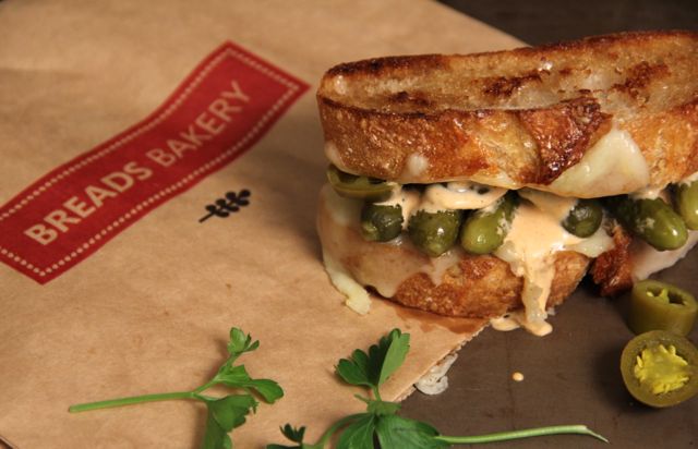 Manchego, Cornichon, and Pickled Jalapeno Grilled Cheese with Chipotle Mayo