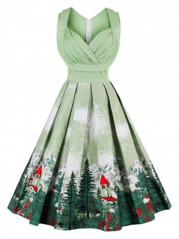Christmas Vintage Forest Print Ruched Pin Up Dress
